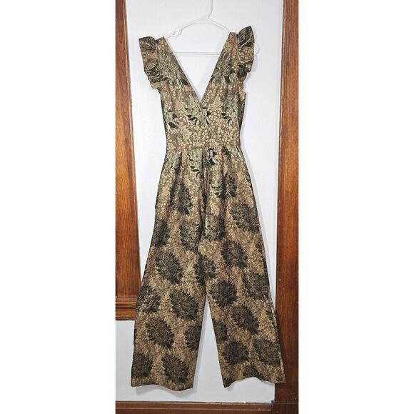 Happy x Nature Gold Floral Tie Front Jumpsuit Sleeveless V-Neck Wide Leg Sz 4 S - Picture 3 of 14